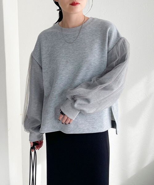 fredy emue(フレディエミュ)の「ジャガードカットソー袖チュールプルオーバー(Tシャツ/カットソー・レディース・ブラック/アイボリー/グレー・38)」の3枚目の写真