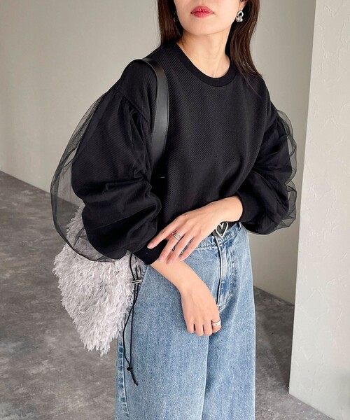 fredy emue(フレディエミュ)の「ジャガードカットソー袖チュールプルオーバー(Tシャツ/カットソー・レディース・ブラック/アイボリー/グレー・38)」の4枚目の写真