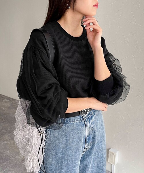fredy emue(フレディエミュ)の「ジャガードカットソー袖チュールプルオーバー(Tシャツ/カットソー・レディース・ブラック/アイボリー/グレー・38)」の9枚目の写真