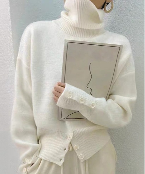 セール】こなれカジュアルを演出。くしゅっとタートルボタンニット