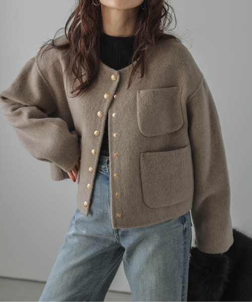 Lajour（ラジュール）の「日本製ノーカラージャケット（ダウンジャケット/コート・レディース・グレー/ベージュ/ホワイト・S/M）」の12枚目の写真