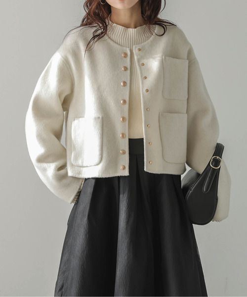 Lajour（ラジュール）の「日本製ノーカラージャケット（ダウンジャケット/コート・レディース・グレー/ベージュ/ホワイト・S/M）」の4枚目の写真