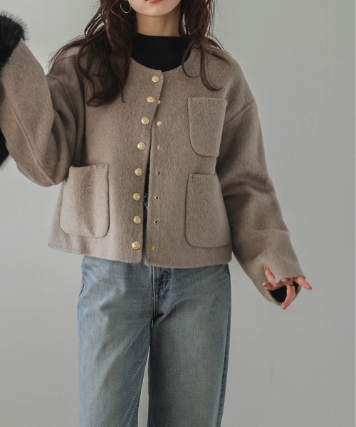 Lajour（ラジュール）の「日本製ノーカラージャケット（ダウンジャケット/コート・レディース・グレー/ベージュ/ホワイト・S/M）」の14枚目の写真