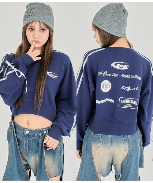 ANAP GｉRL（アナップガール）の「【ティーンズライン】袖ライン リボン オーバースウェット（M、Lサ（スウェット・キッズ・ブラック/ネイビー/オフホワイト・M/L）」の3枚目の写真