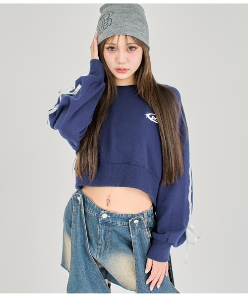 ANAP GｉRL（アナップガール）の「【ティーンズライン】袖ライン リボン オーバースウェット（M、Lサ（スウェット・キッズ・ブラック/ネイビー/オフホワイト・M/L）」の21枚目の写真