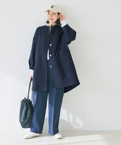 coca(coca)(コカ)の「Aラインジャケット(ノーカラーコート・レディース・ネイビー/ベージュ・L/M)」の4枚目の写真