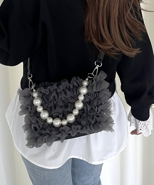 prose verse（プロズヴェール）の「パール２wayチュールショルダーバッグ（ショルダーバッグ・レディース・ブラック/グレー・FREE）」の2枚目の写真