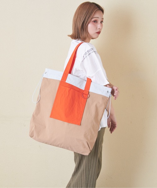 CUBE SUGAR（キューブシュガー）の「ナイロン配色トートバッグ（トートバッグ・レディース・ベージュ/ピンク/グリーン・M）」の4枚目の写真