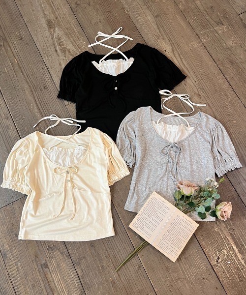 MORE self LOVE(モアセルフラブ)の「ホルターボウモチーフトップス(Tシャツ/カットソー・レディース・グレー/ベージュ/ブラック・FREE)」の3枚目の写真