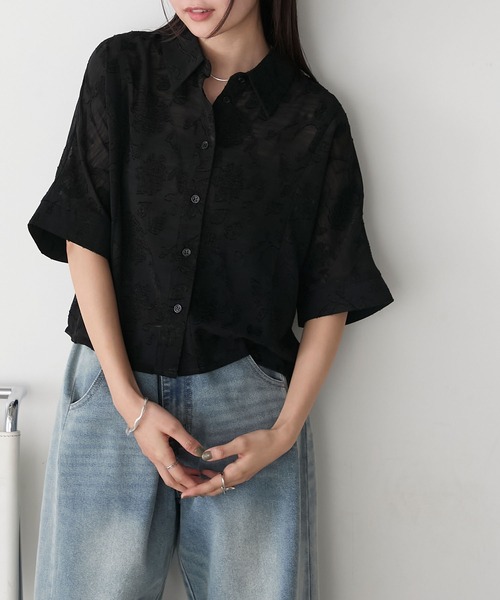 完売品　ジャガードクロップドブラウス　S セール】【forksy.】シアー フラワージャガード クロップド