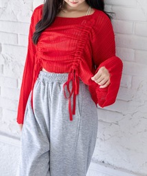 clear | 透かし編みシャーリングトップス[韓国ファッション レイヤード ドロスト](ニット/セーター)