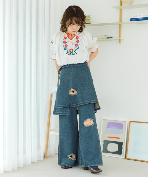 eLur(エラー)の「ダメージデニムエプロンスカート|セットアップ着用可能(デニムスカート・レディース・インディゴブルー/ライトブルー・FREE)」の16枚目の写真