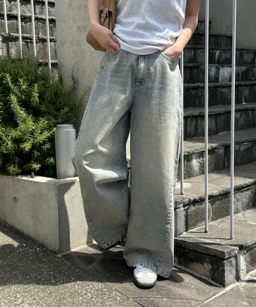 ウエスト調節可】サイド切替ワイドデニムパンツ（デニムパンツ