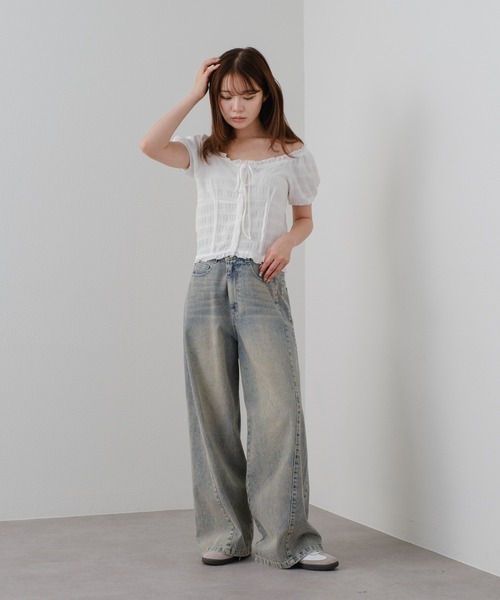 ウエスト調節可】サイド切替ワイドデニムパンツ（デニムパンツ