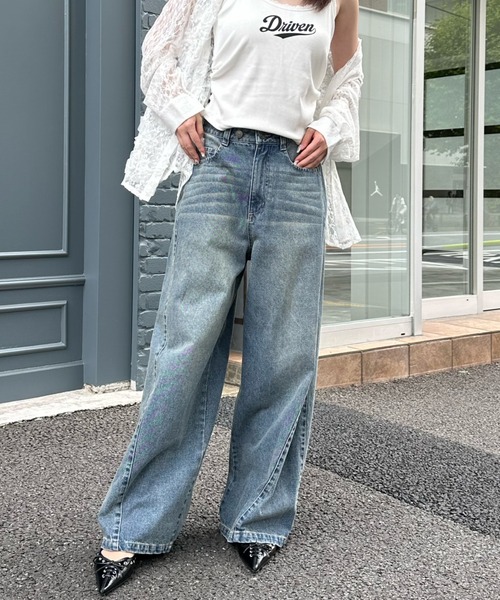 ウエスト調節可】サイド切替ワイドデニムパンツ（デニムパンツ