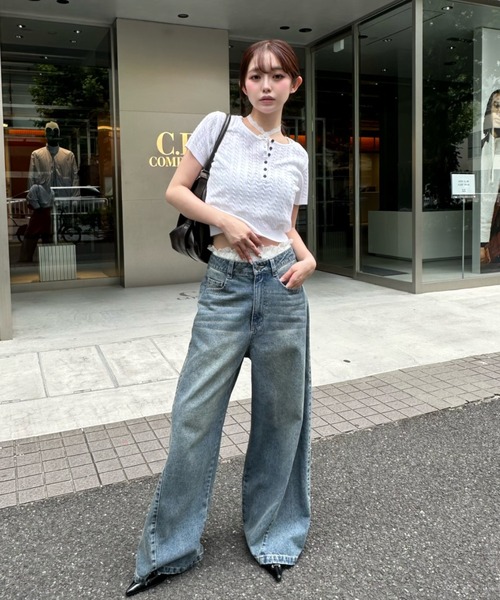 RAY CASSIN 【ウエスト調節可】サイド切替ワイドデニムパンツ ウエスト調節可】サイド切替ワイドデニムパンツ（デニムパンツ