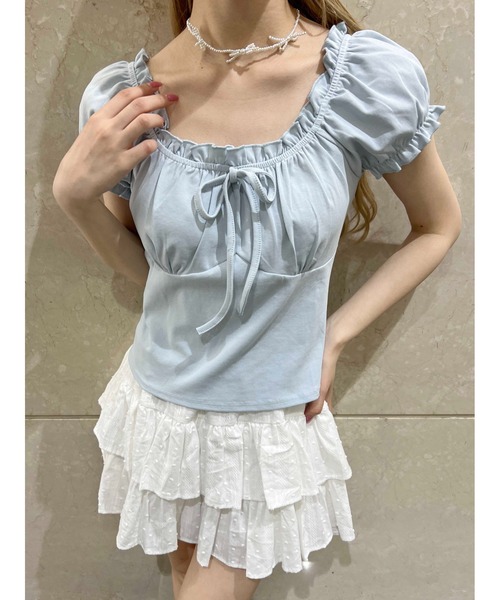 Tシャツ パフスリーブ リボン ラウンドネック 2COLOR 楽天市場】リボンパフスリーブTシャツ ☆ Tシャツ パフスリーブ