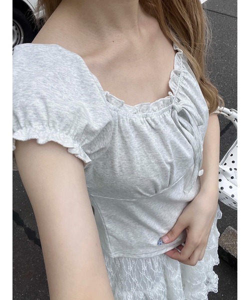 Tシャツ パフスリーブ リボン ラウンドネック 2COLOR 楽天市場】リボンパフスリーブTシャツ ☆ Tシャツ パフスリーブ