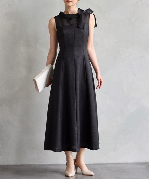 AIMER エメ ノースリーブ パーティードレス お呼ばれワンピース【Ｍ】結婚式 リボン付きロールカラーノースリーブフレアパーティードレス