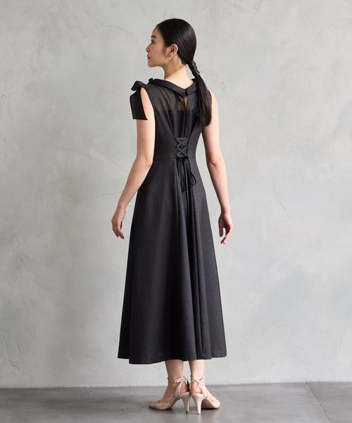 AIMER エメ ノースリーブ パーティードレス お呼ばれワンピース【M】結婚式 リボン付きロールカラーノースリーブフレアパーティードレス