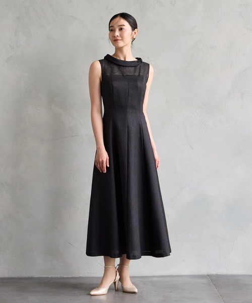 AIMER エメ ノースリーブ パーティードレス お呼ばれワンピース【Ｍ】結婚式 リボン付きロールカラーノースリーブフレアパーティードレス