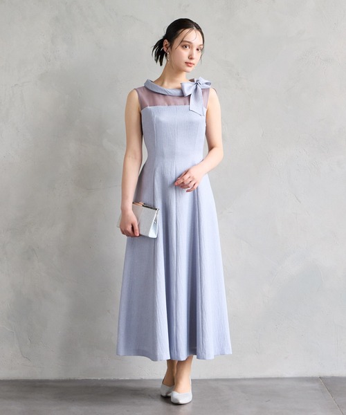 AIMER エメ ノースリーブ パーティードレス お呼ばれワンピース【M】結婚式 リボン付きロールカラーノースリーブフレアパーティードレス