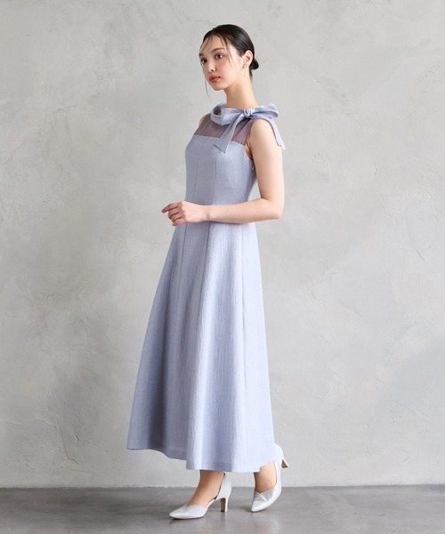 AIMER エメ ノースリーブ パーティードレス お呼ばれワンピース【Ｍ】結婚式 リボン付きロールカラーノースリーブフレアパーティードレス