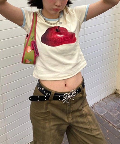 MEMECLE(メメクル)の「【 MEMECLE / メメクル 】アップルリンガーTシャツ(Tシャツ/カットソー・レディース・ホワイト・S/M/L)」の10枚目の写真