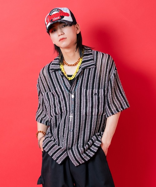 a.p.o.v.（エーピーオービー）の「a.p.o.v. レトロマルチストライプシアーサマーニットシャツ（シャツ/ブラウス・メンズ・グリーン/パープル/ブラック・ONESIZE）」の5枚目の写真