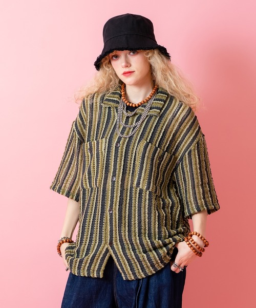 a.p.o.v.（エーピーオービー）の「a.p.o.v. レトロマルチストライプシアーサマーニットシャツ（シャツ/ブラウス・メンズ・グリーン/パープル/ブラック・ONESIZE）」の9枚目の写真