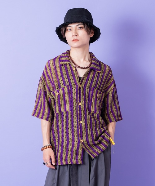 a.p.o.v.（エーピーオービー）の「a.p.o.v. レトロマルチストライプシアーサマーニットシャツ（シャツ/ブラウス・メンズ・グリーン/パープル/ブラック・ONESIZE）」の12枚目の写真
