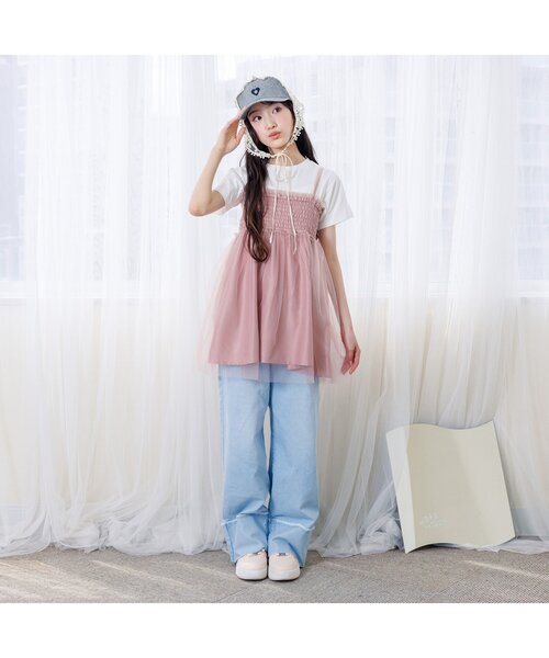 algy（アルジー）の「シャーリングミニワンピ&半袖Tセット（ワンピース・キッズ・ブラック/アイボリー/ピンク・XX-SMALL/X-SMALL/MEDIUM/SMALL）」の4枚目の写真