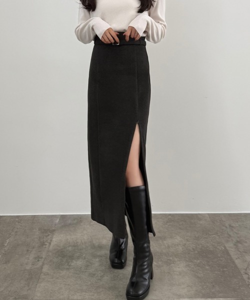セール】スリットジップIラインスカート(伸縮あり、あったか生地、裏地