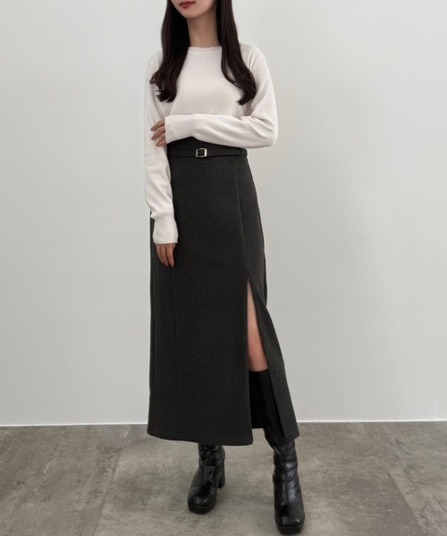 セール】スリットジップIラインスカート(伸縮あり、あったか生地、裏地