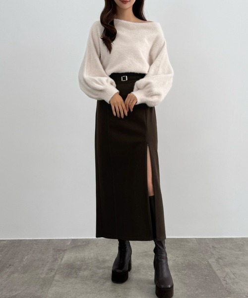 セール】スリットジップIラインスカート(伸縮あり、あったか生地