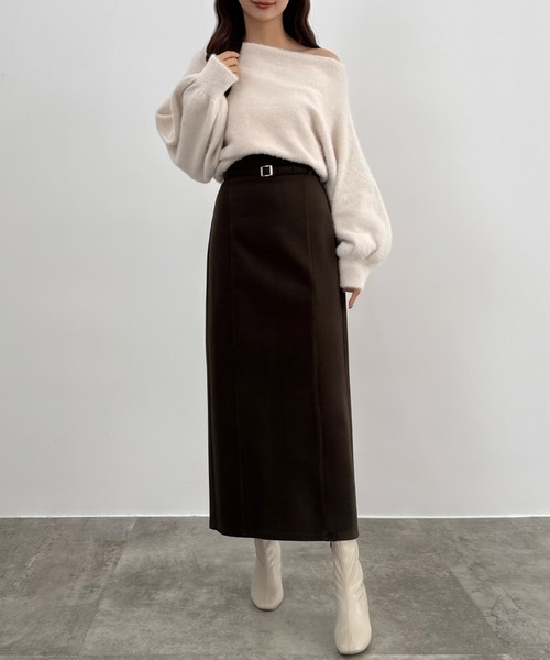 セール】スリットジップIラインスカート(伸縮あり、あったか生地、裏地
