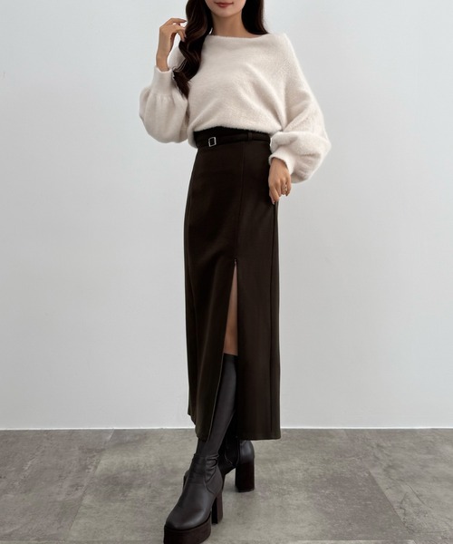 【今期・完売・未使用】NOBLEのファジーリネンスリットAラインスカート 洗える】ファジーリネンスリットAラインスカート | ノーブル