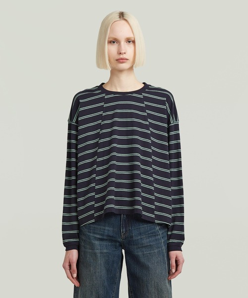 G-STAR(ジースター)の「A-Line Stripe Oversized T-Shirt/Aライン切り替えデザインボーダーオーバーサイズロングスリーブTシャツ(Tシャツ/カットソー・レディース・ストライプ/ブルー系その他・X-SMALL/MEDIUM/SMALL/LARGE)」の2枚目の写真