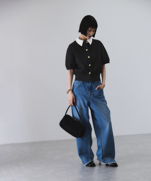 サステナブル】カラー付きハーフスリーブカーディガン（カーディガン