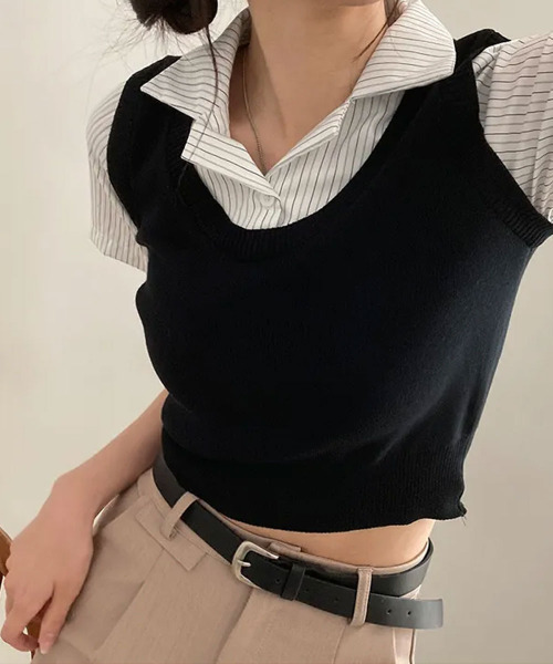 VIVID LADY(ビビッドレディー)の「ベストxシャツ レイヤード風 半袖トップス(Tシャツ/カットソー・レディース・ブラック/チャコールグレー/ベージュ・FREE)」の7枚目の写真