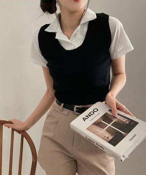 VIVID LADY(ビビッドレディー)の「ベストxシャツ レイヤード風 半袖トップス(Tシャツ/カットソー・レディース・ブラック/チャコールグレー/ベージュ・FREE)」の9枚目の写真