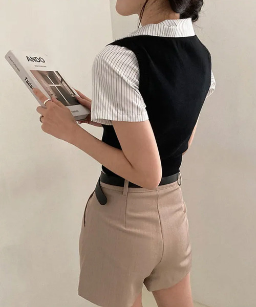VIVID LADY(ビビッドレディー)の「ベストxシャツ レイヤード風 半袖トップス(Tシャツ/カットソー・レディース・ブラック/チャコールグレー/ベージュ・FREE)」の21枚目の写真