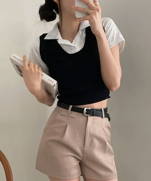 VIVID LADY(ビビッドレディー)の「ベストxシャツ レイヤード風 半袖トップス(Tシャツ/カットソー・レディース・ブラック/チャコールグレー/ベージュ・FREE)」の22枚目の写真