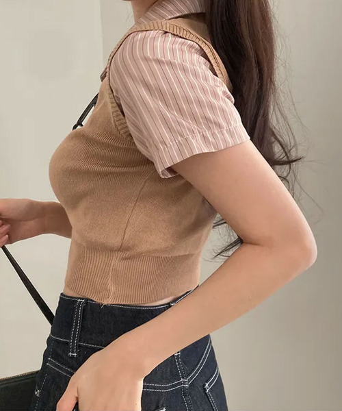VIVID LADY(ビビッドレディー)の「ベストxシャツ レイヤード風 半袖トップス(Tシャツ/カットソー・レディース・ブラック/チャコールグレー/ベージュ・FREE)」の12枚目の写真
