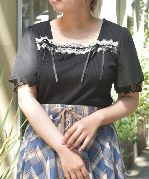 セール】はしごレース×リボントップス（Tシャツ/カットソー）｜axes