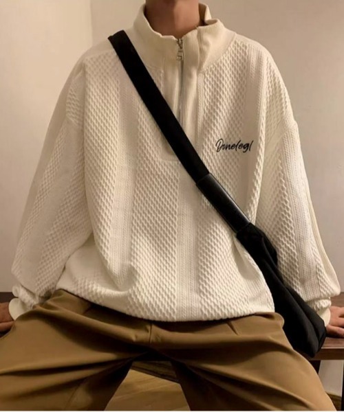 link lot(リンクロット)の「オーバーサイズ ワッフル編みワンポイントハーフジッププルオーバー(スウェット・メンズ・ホワイト/ブラック/グレー・M/L)」の7枚目の写真