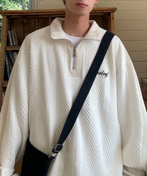 link lot(リンクロット)の「オーバーサイズ ワッフル編みワンポイントハーフジッププルオーバー(スウェット・メンズ・ホワイト/ブラック/グレー・M/L)」の5枚目の写真