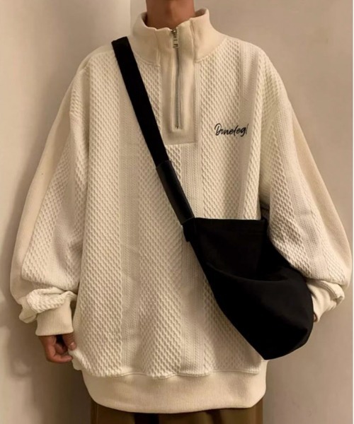 link lot(リンクロット)の「オーバーサイズ ワッフル編みワンポイントハーフジッププルオーバー(スウェット・メンズ・ホワイト/ブラック/グレー・M/L)」の9枚目の写真