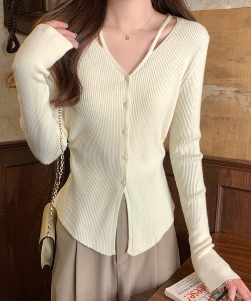 Lace Ladies(レースレディース)の「イレギュラーヘム Vネック リブ ニット カーディガン(カーディガン/ボレロ・レディース・アイボリー/グレイッシュベージュ/グレー・FREE)」の1枚目の写真