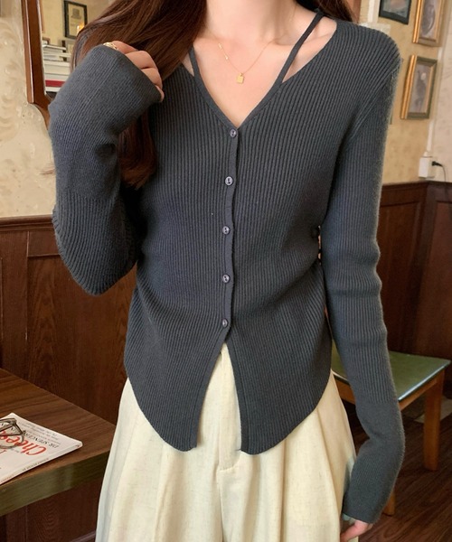 Lace Ladies(レースレディース)の「イレギュラーヘム Vネック リブ ニット カーディガン(カーディガン/ボレロ・レディース・アイボリー/グレイッシュベージュ/グレー・FREE)」の8枚目の写真